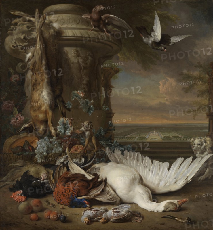 Hunting and Fruit Still Life next to a Garden Vase, with a Monkey, Dog and two Doves, in the distance Rijksdorp near Wassenaar, Seat of Jacob Emmery, Baron of Wassenaar, Jan Weenix, 1714