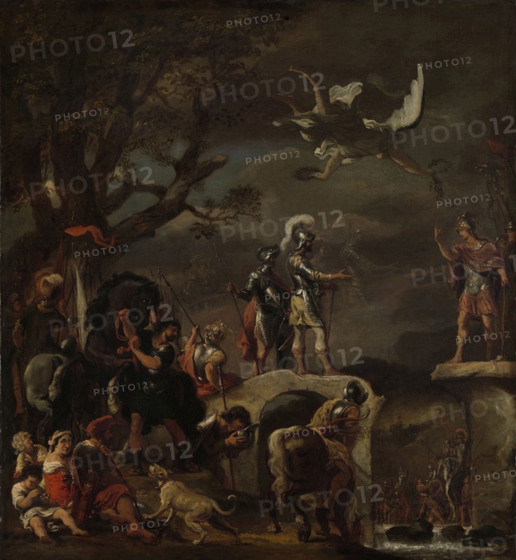 Peace Negotiations between Claudius Civilis and Cerealis on the Demolished Bridge. Fame, Fama Floats in the Sky above, Ferdinand Bol, 1658 - 1662