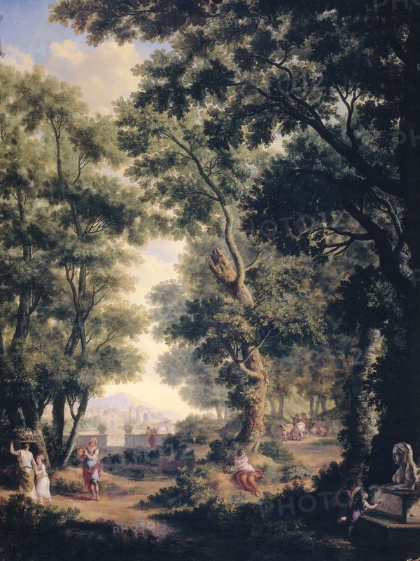 Arcadian Landscape, one of a series of ten murals in the garden room of the main floor of the Amsterdam house Herengracht 524, Jurriaan Andriessen, 1771