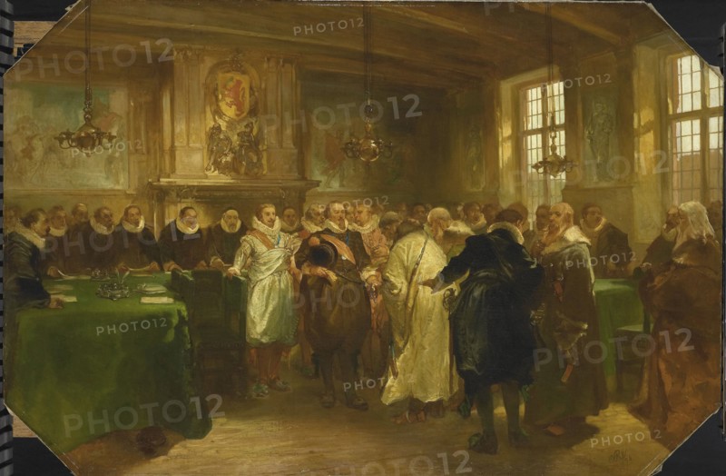 Prince Maurits of Orange receives a delegation from Russia in 1614, Charles Rochussen, 1874