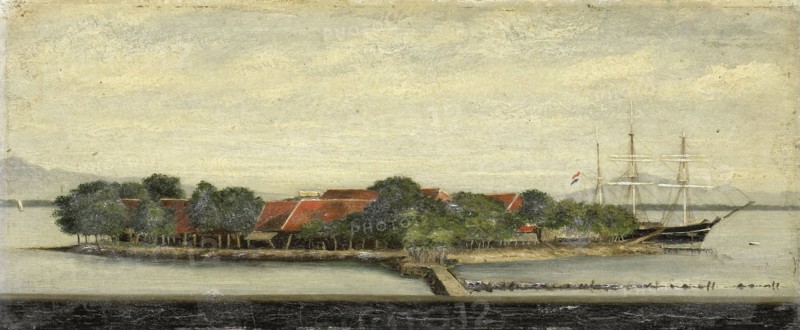 View of the island Kuiper in the bay of Batavia Jakarta Indonesia, Jacob Pieter Mercier, 1855 - 1882