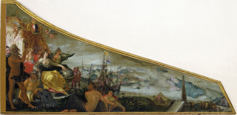 Harpsichord Lid showing an Allegory of Amsterdam as the Center of World Trade, Pieter Isaacsz., Firma Ruckers, c. 1604 - c. 1607