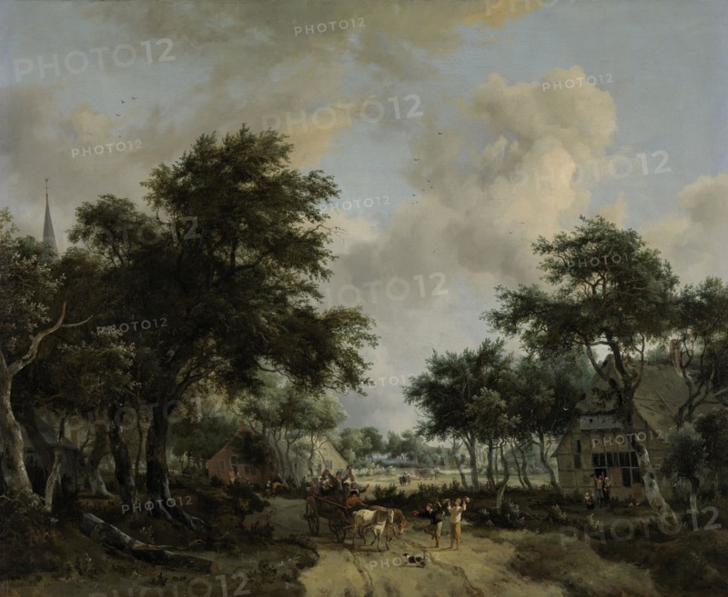 Wooded Landscape with Merrymakers in a Cart, Meindert Hobbema, c. 1665