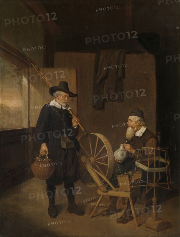 Interior with an Angler and a Man Sitting at a Spinning Wheel and Reel, Quiringh Gerritsz. van Brekelenkam, 1663