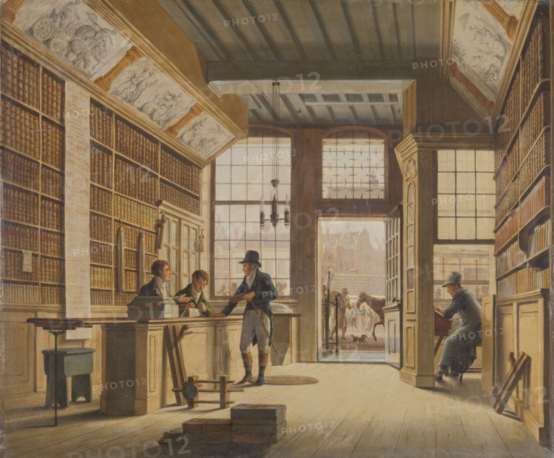 The Shop of the Bookdealer Pieter Meijer Warnars on the Vijgendam in Amsterdam, The Netherlands, Johannes Jelgerhuis, 1820