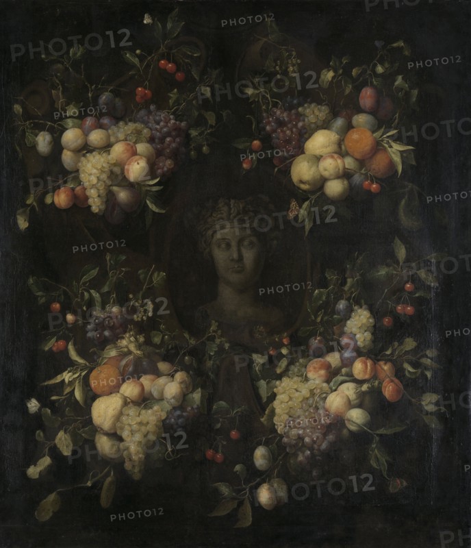 Marble Bust surrounded by a Festoon of Fruit, attributed to Jan Frans van Son, 1680 - 1718