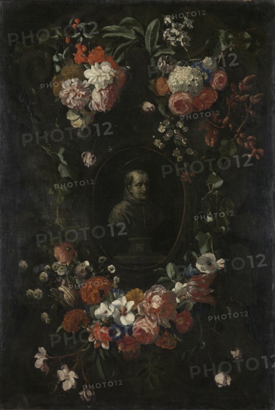 Garland of Flowers surrounding Portrait of Hieronymus van Weert, Martyr of Gorkum, David Teniers, II, before 1676
