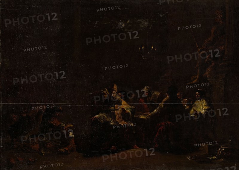 Pashur Smites Jeremiah in the Temple, Fight during a meal of priests and monks in a temple of Jupiter, Leonaert Bramer, c. 1648