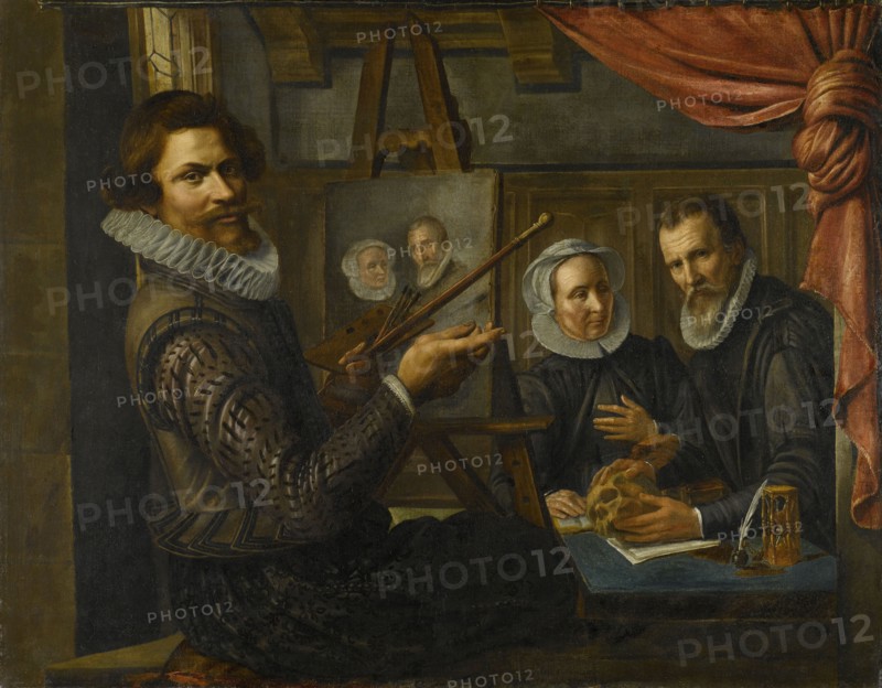 The Painter in his Studio Painting the Portrait of a Married Couple, Herman van Vollenhoven, 1612