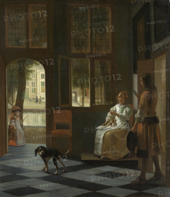Man Handing a Letter to a Woman in the Entrance Hall of a House, Pieter de Hooch, 1670