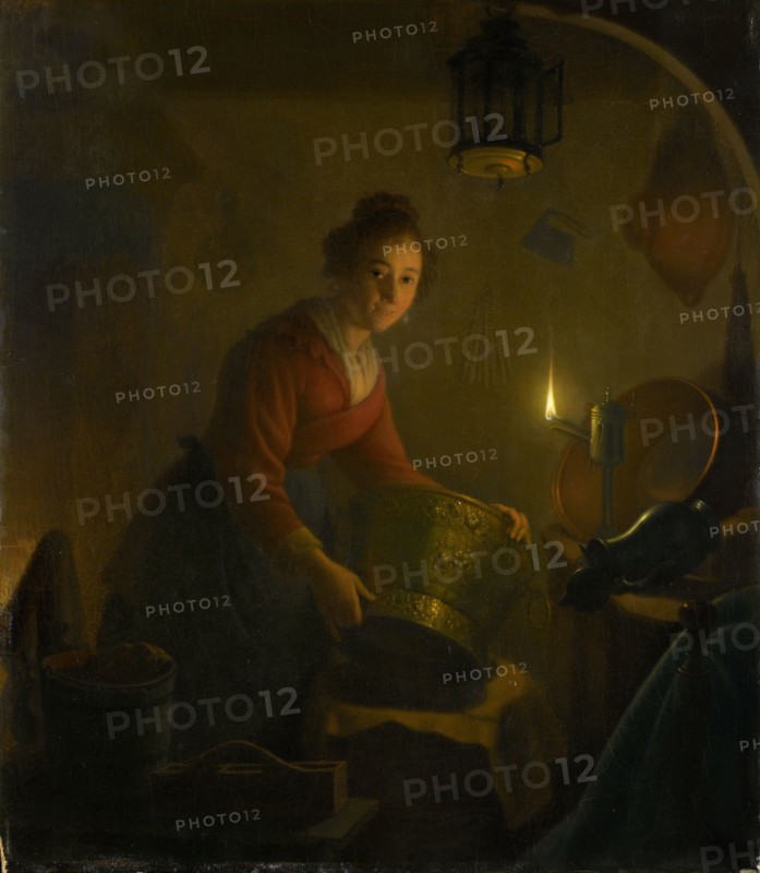 A Woman in a Kitchen by Candlelight, Michiel Versteegh, c. 1830