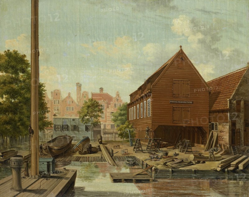 D'Hollandsche Tuin Shipyard on Bickers Island in Amsterdam, The Netherlands, Pieter Godfried Bertichen, 1823