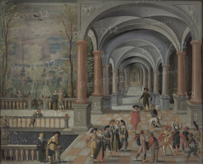 Festive Gathering and Figures from a Commedia dell'Arte in a Gallery, Monogrammist DB, 1634
