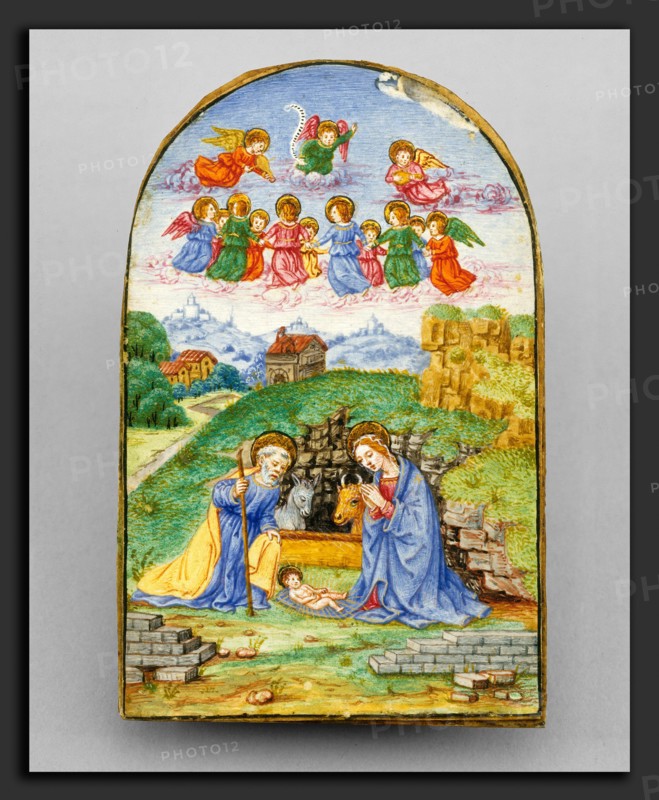 Possibly Florentine 15th Century (pax frame), western European 19th Century (miniature), Pax with a Miniature of the Nativity, c. 1480 (pax frame); c. 1850-1875 (miniature), gilded silver, copper, brass, enamel with pearls and glass bead, containing a miniature