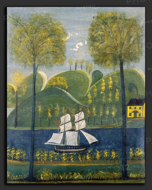 American 19th Century, Under Full Sail, second quarter 19th century, oil on plaster and lath