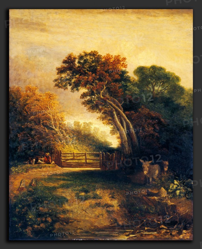 Attributed to Joseph Paul, Landscape with Picnickers and Donkeys by a Gate, British, 1804 - 1887, c. 1830-1880, oil on canvas