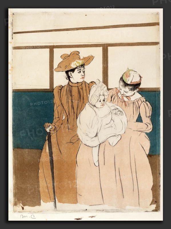 Mary Cassatt, In the Omnibus, American, 1844 - 1926, c. 1891, soft-ground etching, drypoint, and aquatint in blue, brown, tan, light orange, yellow-green, red, and black