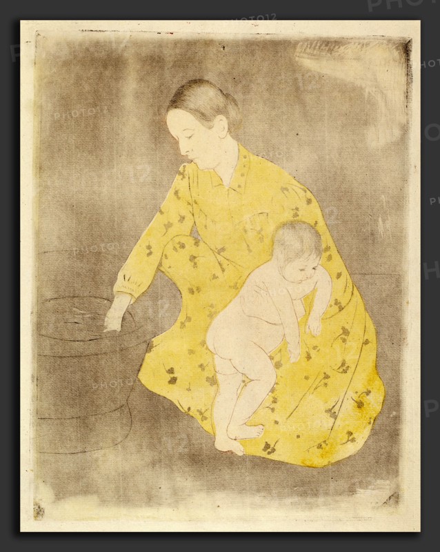 Mary Cassatt, The Bath, American, 1844 - 1926, c. 1891, drypoint and soft-ground etching in yellow,  black, and sanguine
