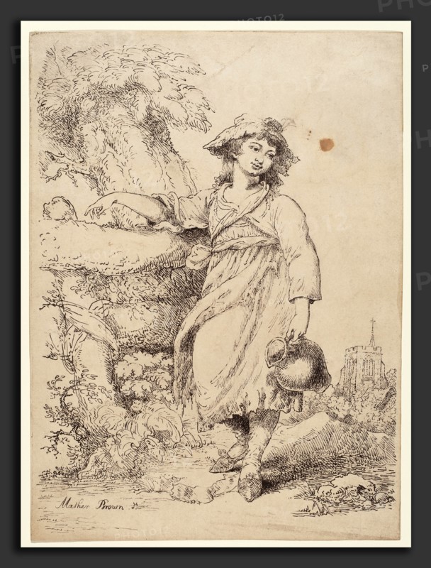 Mather Brown, Girl with a Pitcher, American, 1761 - 1831, c. 1805-1810, pen lithograph in black on wove paper