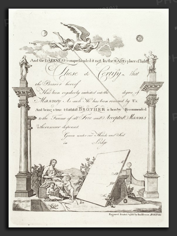 Paul Revere, Masonic Certificate, American, 1735 - 1818, 1773, engraving printed by Herbert Pasternack in 1954 on wove paper