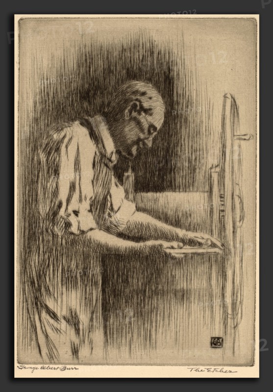 George Elbert Burr, The Etcher, American, 1859 - 1939, c. 1919, drypoint in greenish-black on laid paper