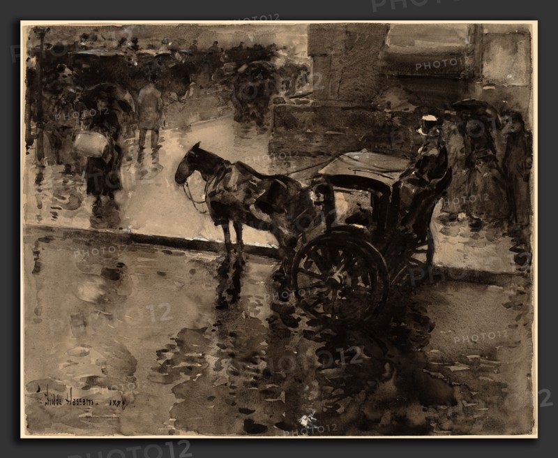 Childe Hassam, The Up-Tide on the Avenue, American, 1859 - 1935, probably 1890, black and gray wash with white heightening