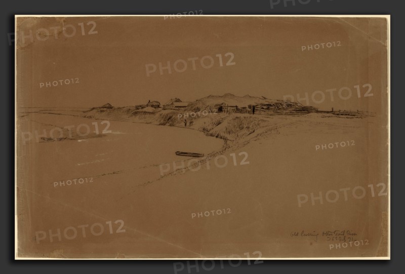 Homer Dodge Martin, Old Crossing, Otter Tail River, American, 1836 - 1897, 1871, black chalk touched with white chalk on brown  wove paper