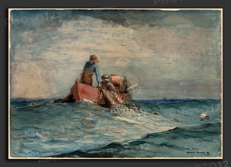 Winslow Homer, Hauling in the Nets, American, 1836 - 1910, 1887, watercolor over graphite