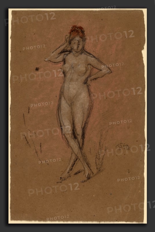 James McNeill Whistler, Nude Standing with Legs Crossed, American, 1834 - 1903, c. 1878, chalk on brown paper