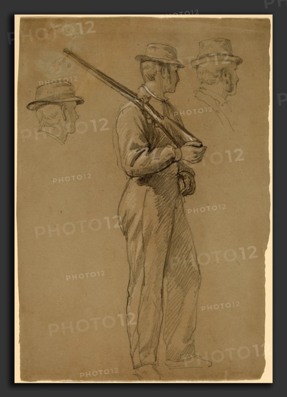 Daniel Huntington, Recruit; Two Studies of Heads, American, 1816 - 1906, c. 1862, graphite touched with white chalk on gray wove paper