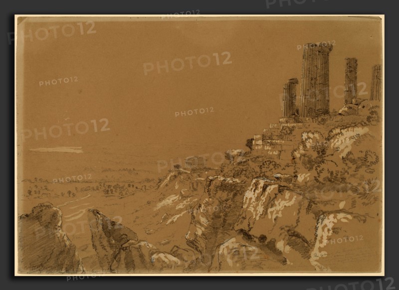 Thomas Cole, Temples of Juno, Lucina, and Concordia - Agrigentum, Sicily, American, 1801 - 1848, 1842, graphite with white gouache on brown paper