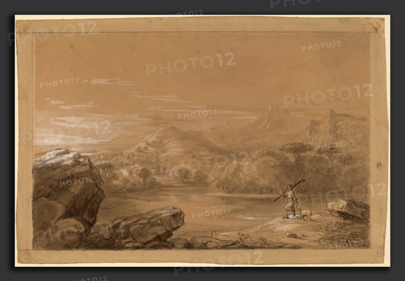 Thomas Cole, The Good Shepherd, American, 1801 - 1848, 1847, graphite and pen and ink with tan and gray wash, heightened with white, on laid paper