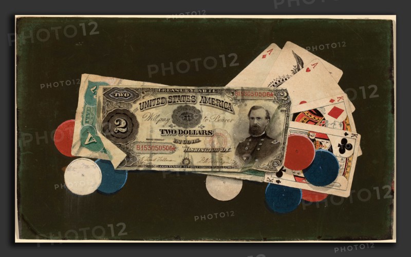 American 19th Century, Trompe l'Oeil: A Full House with Chips, $2 and $5 Bills, c. 1895, watercolor over graphite mounted on cardboard
