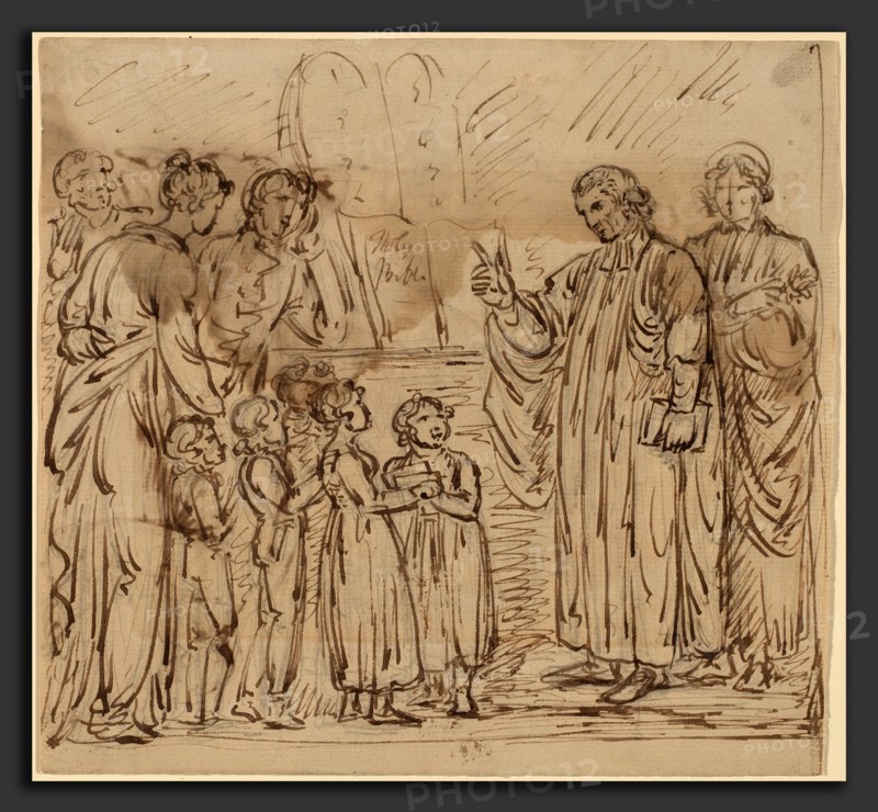 Mather Brown, Bible Lesson [recto], American, 1761 - 1831, 1780-1790, pen and brown ink over graphite on laid paper