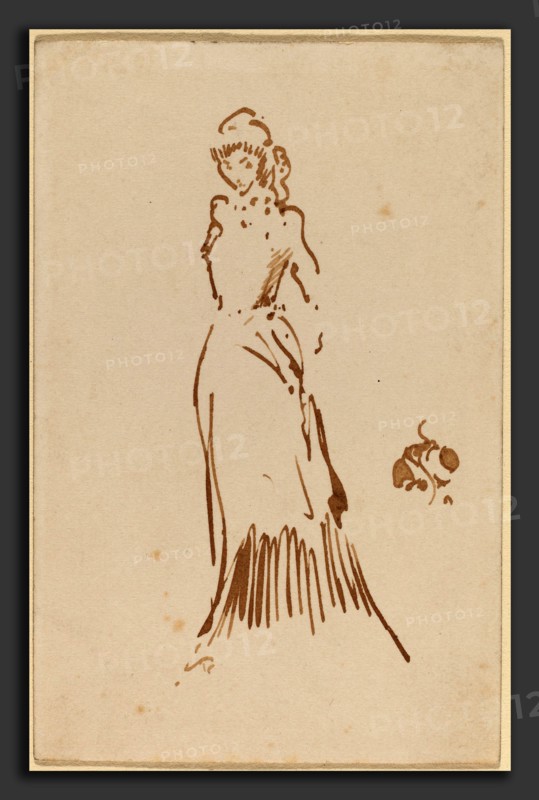 James McNeill Whistler, Standing Female Figure, American, 1834 - 1903, c. 1883, pen and brown ink on the back of a printed calling card for Mrs. Henry B. Callander, 72, Cadogan Place