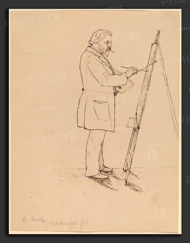 John Quincy Adams Ward, Sketching - Emanuel Leutze, American, 1830 - 1910, 1858, pen and brown ink over graphite on wove paper