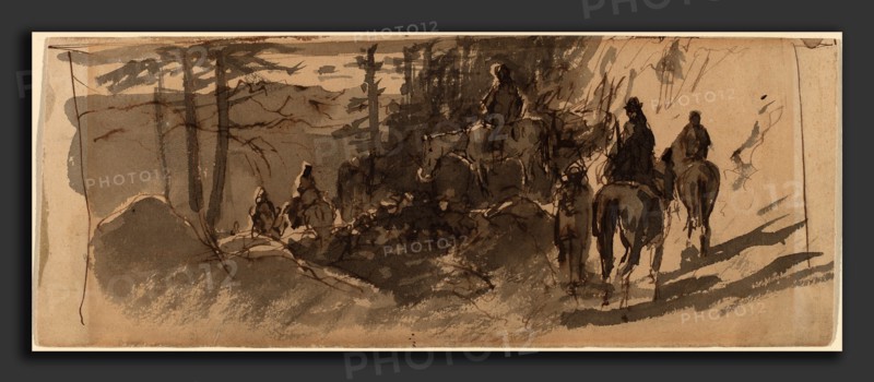 William Keith, In the Sierras, A Pack Train, American, 1839 - 1911, pen and brown ink with gray wash