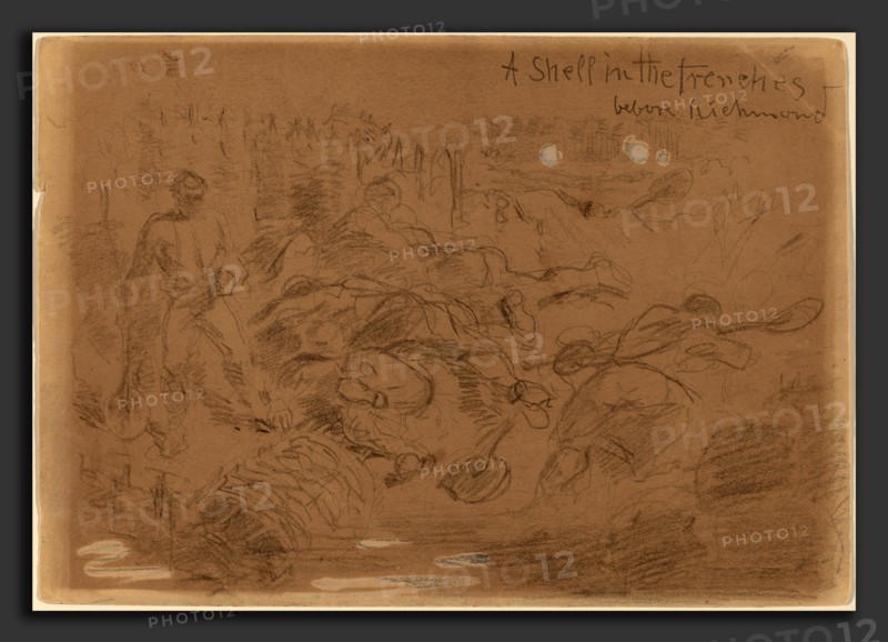 Winslow Homer, A Shell in the Trenches before Richmond [recto], American, 1836 - 1910, c. 1862, charcoal and graphite with watercolor on wove paper