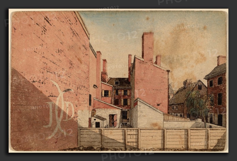American 19th Century, A View from an East Window in the Old Sugar House, No.3 Norris' Alley, Philadelphia, 1811, pen and ink with watercolor on paperboard