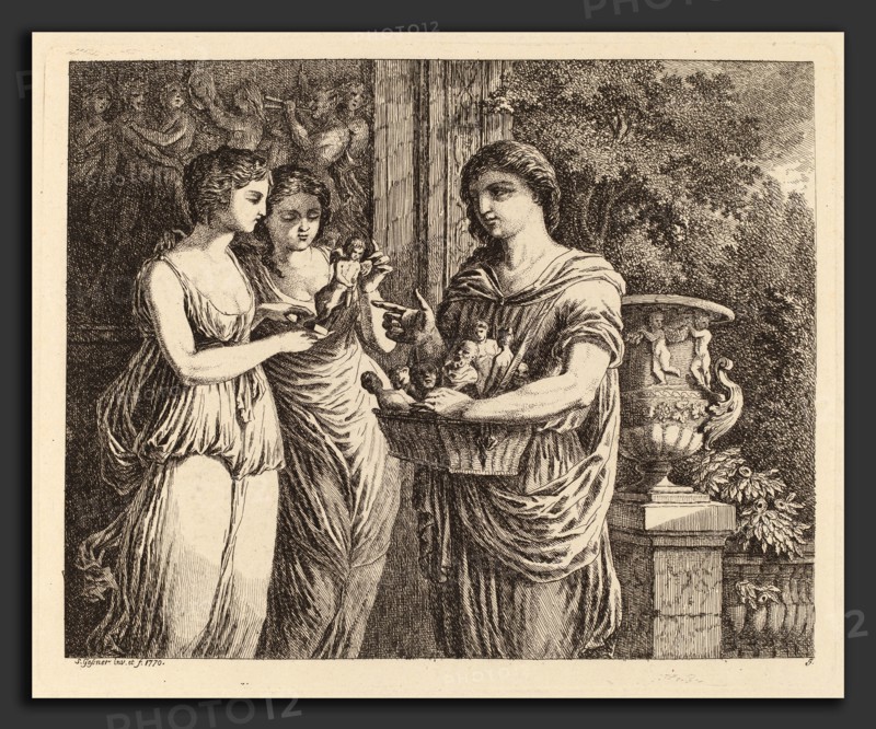 Salomon Gessner, Figurine Seller with Two Girls, Swiss, 1730 - 1788, 1770, etching on laid paper