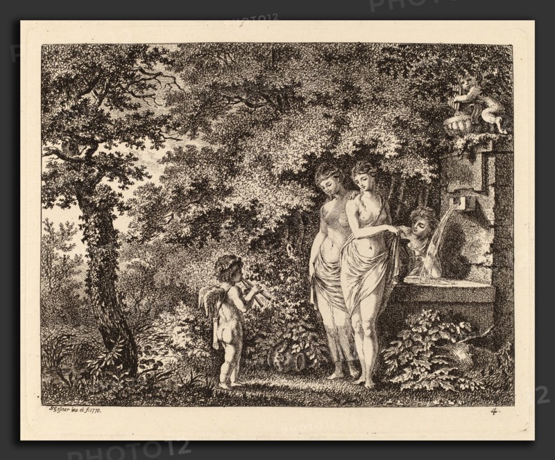 Salomon Gessner, Eros with Three Girls at a Fountain, Swiss, 1730 - 1788, 1770, etching on laid paper