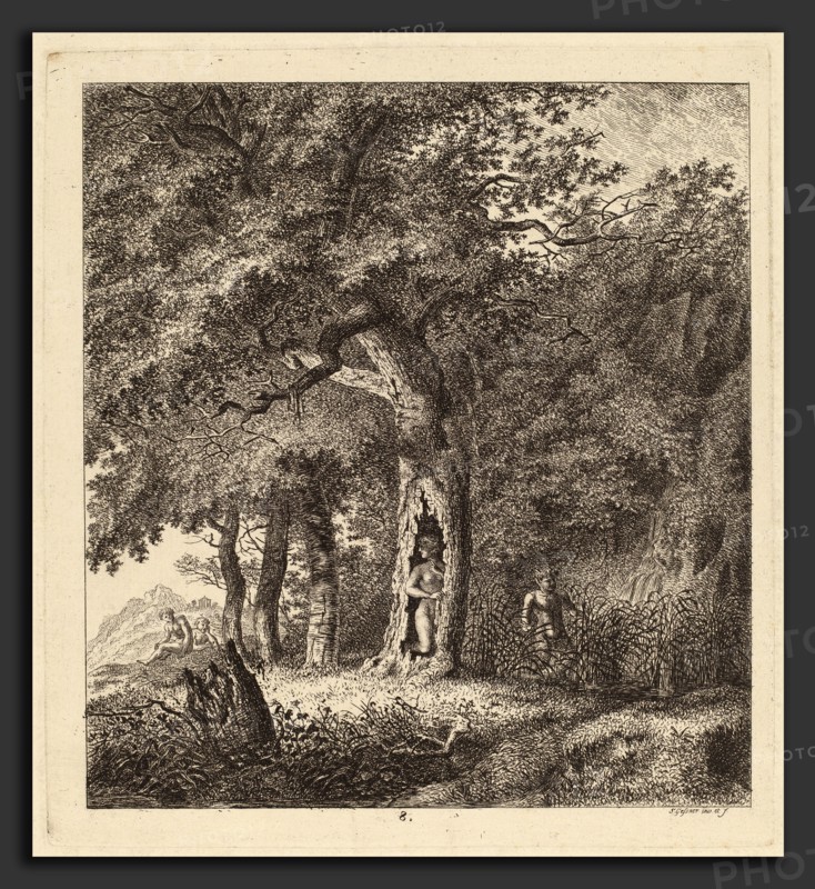 Salomon Gessner, Wooded Landscape with a Nymph and a Satyr, Swiss, 1730 - 1788, 1764, etching on laid paper tinted pale blue