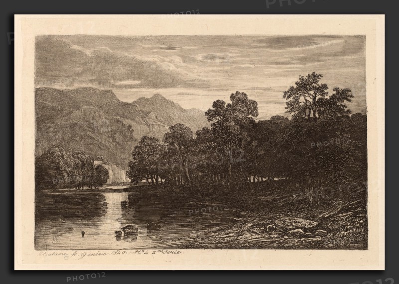 Alexandre Calame, Mountain River, Swiss, 1810 - 1864, 1840, etching and aquatint on chine collé