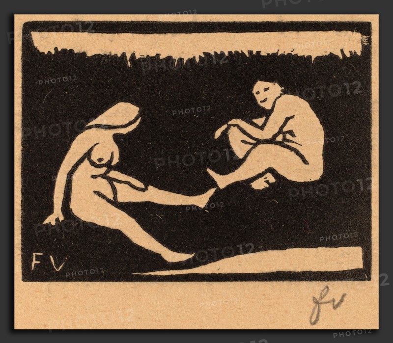 Félix Vallotton, Two Seated Bathers (Deux baigneuses assises), Swiss, 1865 - 1925, 1893, woodcut in black on brown wove paper