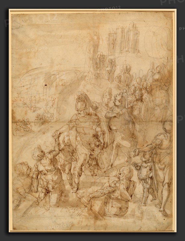 Giulio Benso, Scene from Classical History (Aeneas Descending into the Underworld?), Italian, c. 1601 - 1668, pen and brown ink and brown wash over black chalk on laid paper