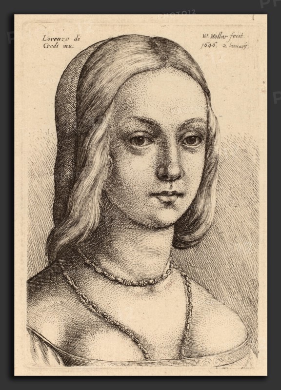 Wenceslaus Hollar after Lorenzo di Credi (Bohemian, 1607 - 1677), Head of Woman Looking Right, etching