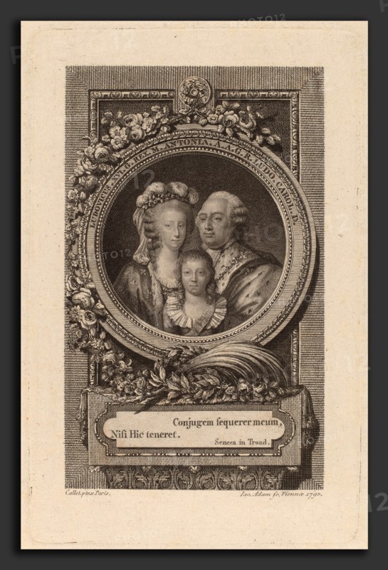 Jacob Adam after Antoine-FranÃ§ois Callet (Austrian, 1748 - 1811), Louis XVI, Marie-Antoinette, and Louis-Charles, 1793, engraving on laid paper