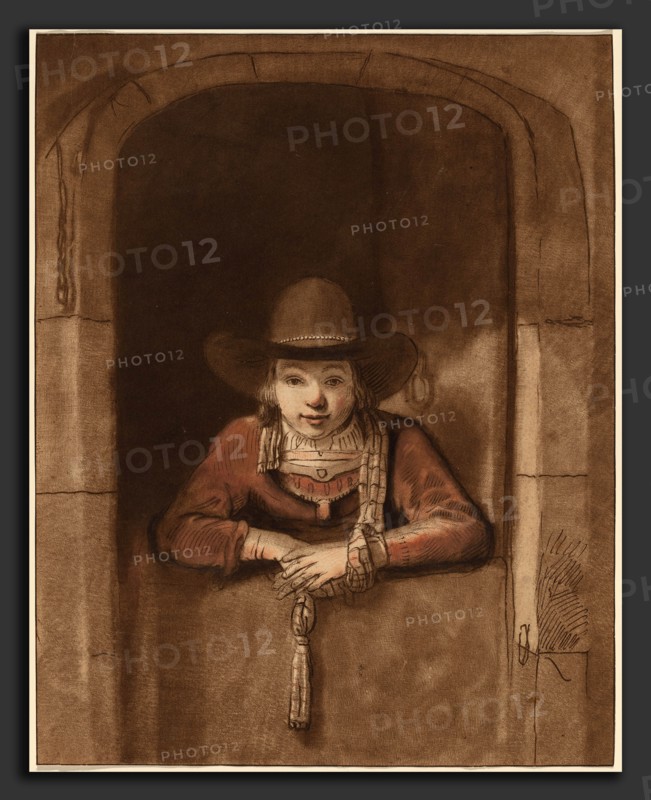 Cornelis Ploos van Amstel after Rembrandt van Rijn (Dutch, 1726 - 1798), Boy Leaning over a Lower Door, 1763, etching and roulette in brown, hand-colored with red chalk