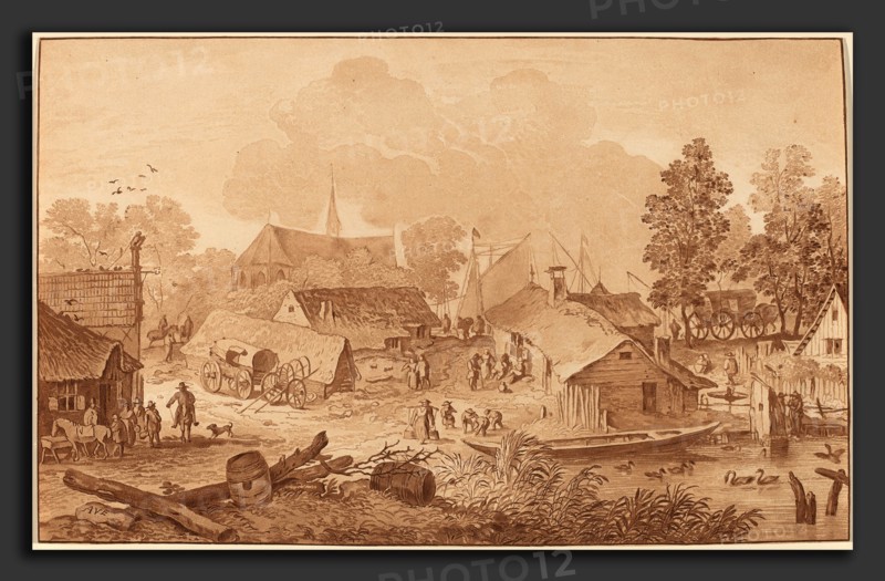 Cornelis Ploos van Amstel and Cornelis Brouwer after Allart van Everdingen (Dutch, 1726 - 1798), Village with Pond, c. 1782, transfer technique (aquatint?) and roulette with burnishing in red-brown