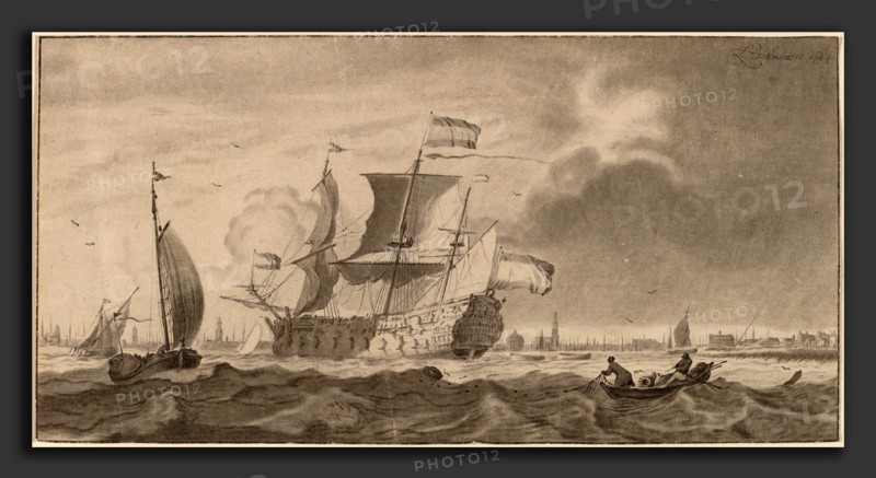 Cornelis Ploos van Amstel and Bernhard Schreuder after Ludolf Backhuysen (Dutch, died 1780), War Vessel in the Y, 1768, roulette